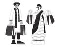 Diwali gift bags black and white cartoon flat illustration Royalty Free Stock Photo