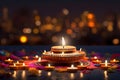 Diwali glowing Diya or oil lamp over colorful Rangoli background - Ai Generated