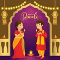 Diwali greeting card with cartoon indian kids