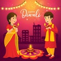 Diwali greeting card with cartoon indian kids