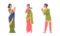 Diwali Hindu Holiday Celebration with Indian People Character in Traditional Clothes Holding Light Vector Set