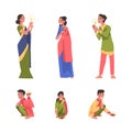 Diwali Hindu Holiday Celebration with Indian People Character in Traditional Clothes Holding Light Vector Set Royalty Free Stock Photo