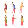 Diwali Hindu Holiday Celebration with Indian People Character in Traditional Clothes Holding Light Vector Set