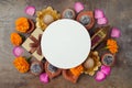 Diwali holiday background with sweet traditional dessert, gift box and decorations. Top view, flat lay Royalty Free Stock Photo