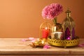 Diwali holiday candles and lantern on wooden table