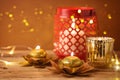 Diwali holiday home decorations on wooden table