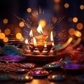 Diwali Indian celebration with candles and colorful oil lamps