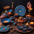 A beautiful view of various colored dal lighting designs with candles for diwali