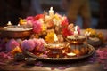 Diwali puja thali with religious offerings and