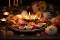 Diwali puja thali with religious offerings and