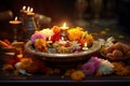 Diwali puja thali with religious offerings and