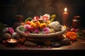 Diwali puja thali with religious offerings and