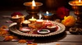 Diwali puja thali with sacred items