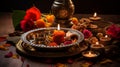 Diwali puja thali with sacred items