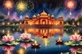 Watercolor Depiction of Diwali Celebration, Lotus Flowers Floating on a Tranquil Pond, Diyas (Oil Lamps)