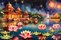 Watercolor Depiction of Diwali Celebration, Lotus Flowers Floating on a Tranquil Pond, Diyas (Oil Lamps)