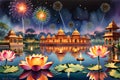 Watercolor Depiction of Diwali Celebration, Lotus Flowers Floating on a Tranquil Pond, Diyas (Oil Lamps)