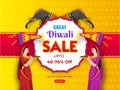 Diwali Sale banner or poster design with 40-75% discount offer, elephant character and women holding plate.