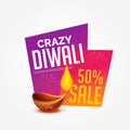 Diwali sale offer discount label design with burning diya