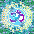 Diwali spiritual sign Om over tribal geometric pattern. Trendy and bright artwork compositin. Vector religious illustration, Royalty Free Stock Photo