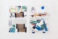 DIY arduino. Flat layout on white background, copy space. Electronic workshop components.
