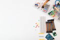DIY arduino. Flat layout on white background, copy space. Electronic workshop components.