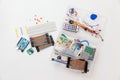 DIY arduino. Flat layout on white background, copy space. Electronic workshop components.