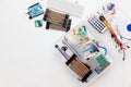 DIY arduino. Flat layout on white background, copy space. Electronic workshop components.