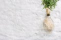 Diy baubles filled dried florals, grass, Glass Christmas ornaments toy on green fern on white fluffy fur background New