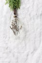 Diy baubles filled dried florals, grass, Glass Christmas ornaments toy on green fern on white fluffy fur background New