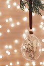 Diy baubles filled dried florals, grass, toy hanging on green plant fern. Bright Glass Christmas ornaments on blur bokeh