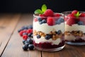 DIY breakfast Raspberry and blueberry yogurt parfait with granola topping