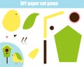 DIY children educational creative game. Make a bird and birdhouse with scissors and glue. Paprecut activity. Creative printable tu