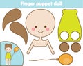 DIY children educational creative game. Make a finger puppet doll with scissors and glue. Paprecut activity. Creative printable tu