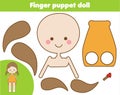 DIY children educational creative game. Make a finger puppet doll with scissors and glue. Paprecut activity. Creative printable tu