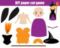 DIY children educational creative game. Make halloween witch girl with scissors and glue. Printable paprecut activity.