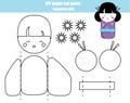 DIY children educational creative game. Make a japanese doll girl with scissors and glue. Printable paprecut activity.