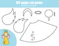 DIY children educational creative game. Paper cutting activity. Make a New Year, Christmas angel figure with glue