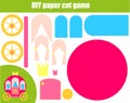 DIY children educational creative game. Paper cutting activity. Make a princess carriage with glue and scissors