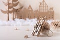 DIY Christmas home decor - paper ball wooden sledge, cardboard tree and house. Handmade