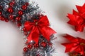 Diy Christmas wreath. Guide on the photo how to make a Christmas wreath with your own hands from a cardboard plate, tinsel, beads Royalty Free Stock Photo