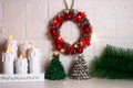 Diy Christmas wreath. Guide on the photo how to make a Christmas wreath with your own hands from a cardboard plate, tinsel, beads Royalty Free Stock Photo