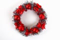 Diy Christmas wreath. Guide on the photo how to make a Christmas wreath with your own hands from a cardboard plate, tinsel, beads Royalty Free Stock Photo