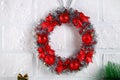 Diy Christmas wreath. Guide on the photo how to make a Christmas wreath with your own hands from a cardboard plate, tinsel, beads Royalty Free Stock Photo