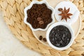Diy coffee mask and ground coffee beans for preparing homemade exfoliating foot and body scrub. Natural beauty treatment
