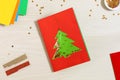 DIY concept. How to make Christmas card. New Year idea for children.