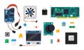 DIY controller. Electric and mechanical components for microcontroller and smart home circuit board, display wires and