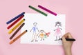 DIY drawing, child& x27;s drawing family - dad, mom and me. Children& x27;s creativity concept Royalty Free Stock Photo