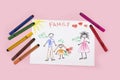 DIY drawing, child's drawing family - dad, mom and me. Children's creativity concept Royalty Free Stock Photo