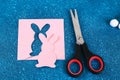 Diy Easter garland bunnies, flags EASTER made paper blue background. Gift idea, decor Spring, Easter Royalty Free Stock Photo